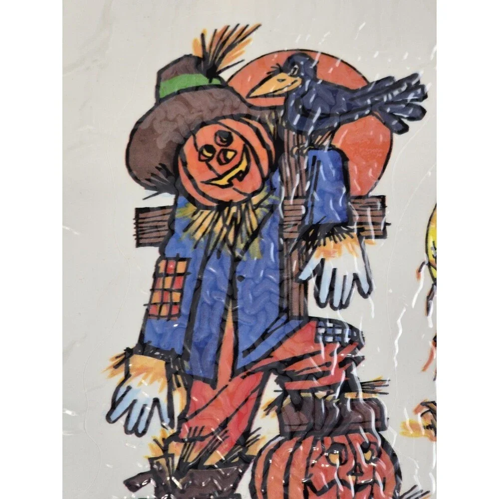 Vintage Halloween Window Clings Thanksgiving Decorations Scarecrow Turkey New 80